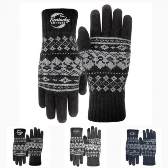 Custom Promotional Knit with Geometric Patterns Touchscreen Gloves in Black, Gray or Navy Colors