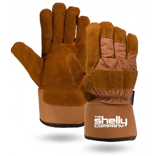 Personalized Promotional Lined Brown Suede Cowhide Leather Palm Gloves with Safety Cuff and Logo