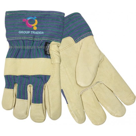 Personalized Promotional Pigskin Leather Palm Gloves with Blue and Green Striped Cuff